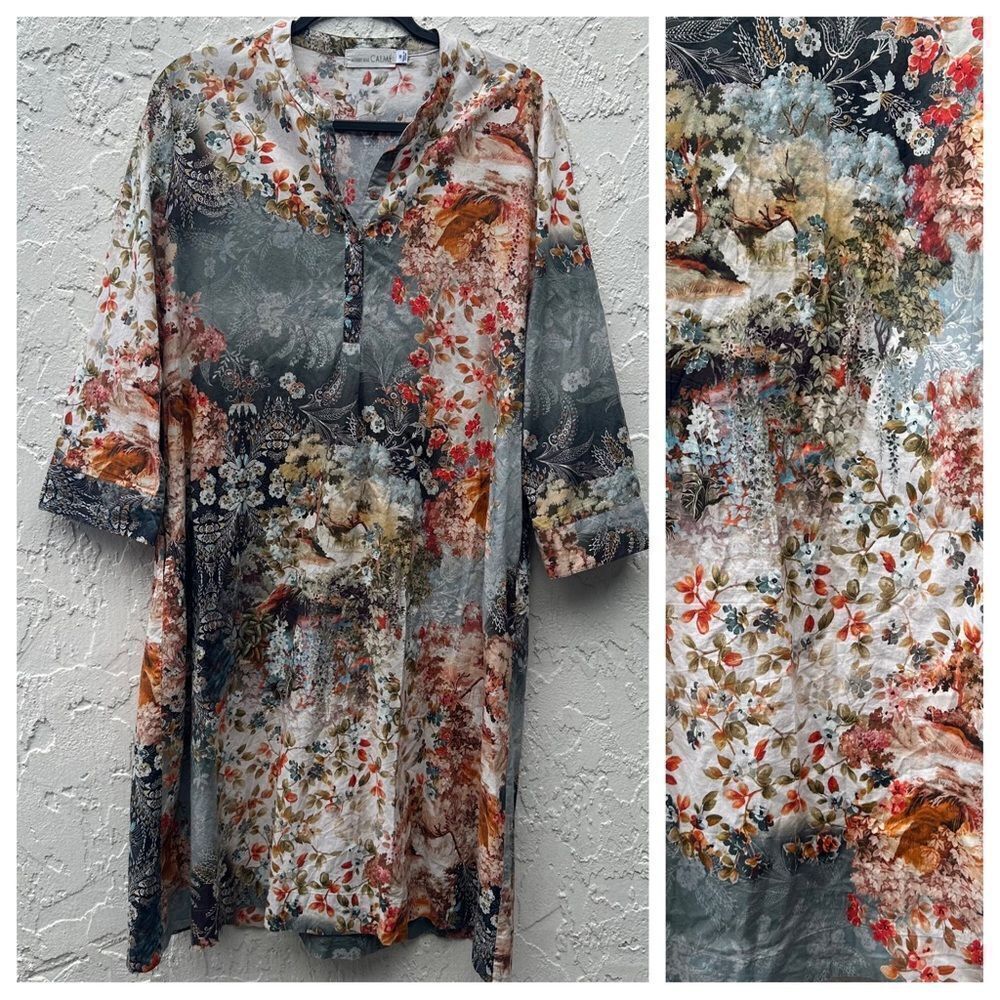 JOHNNY WAS‎ Calme Dress Women XS Henley Shift Kaftan Floral Boho Oversized